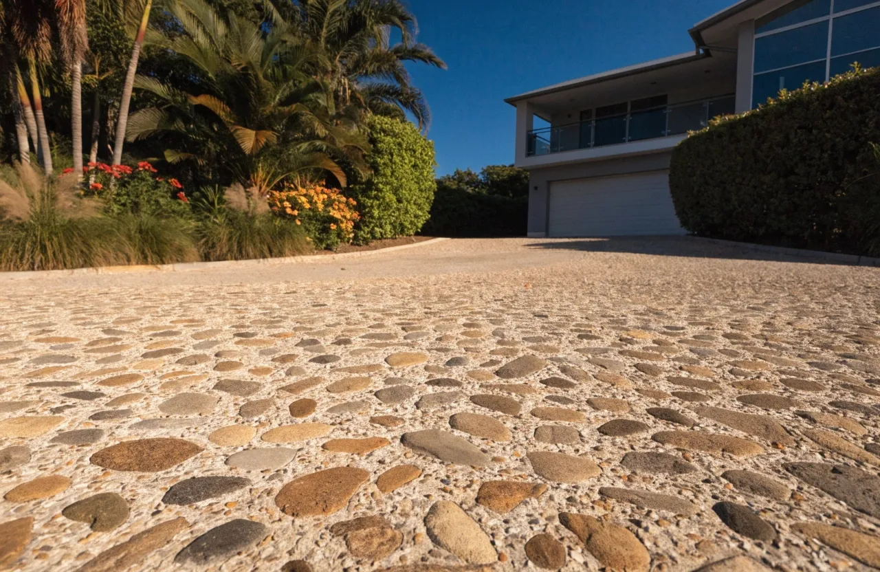 Exposed aggregate driveway at a modern Palm Beach Gold Coast home