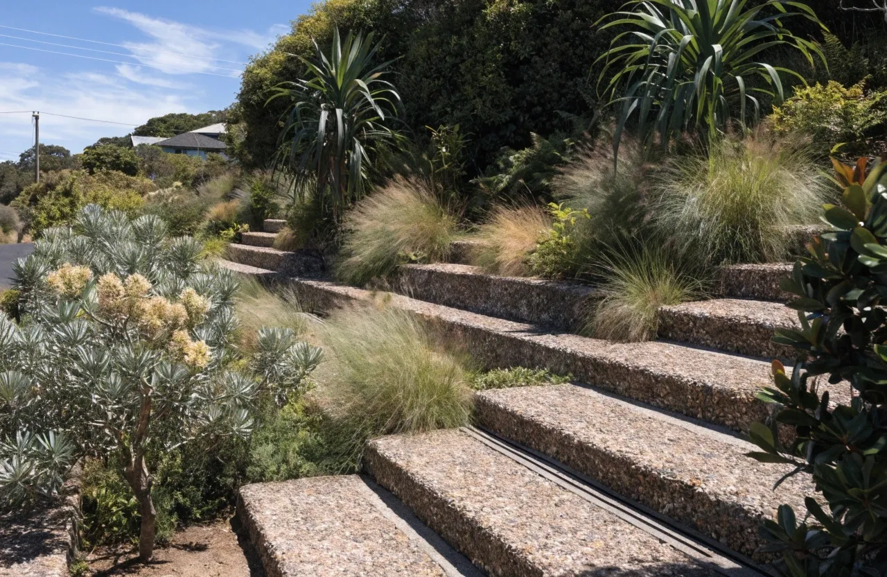 Exposed aggregate concrete pathway and steps on a sloped block in Burleigh Heads
