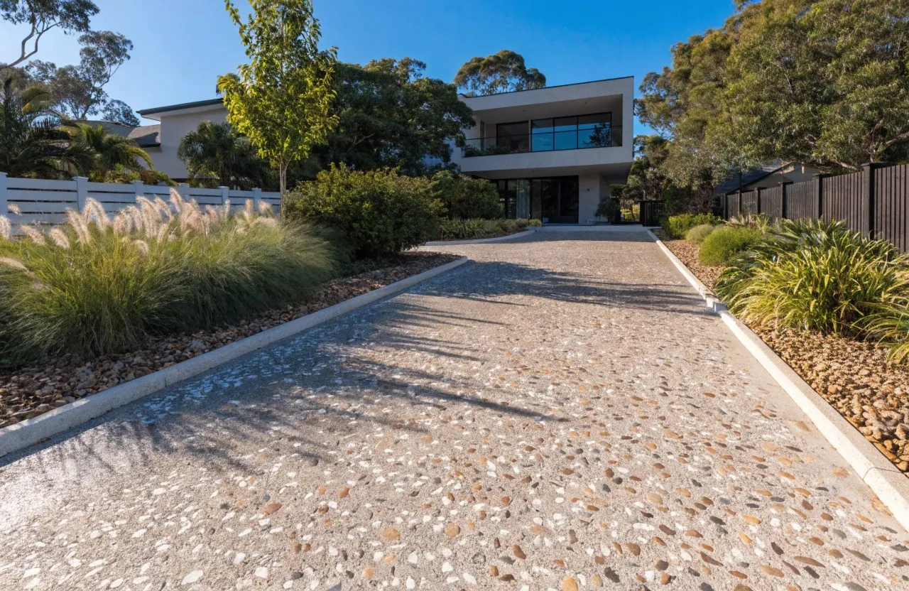 Wide shot of a freshly finished, well-maintained exposed aggregate concrete surface