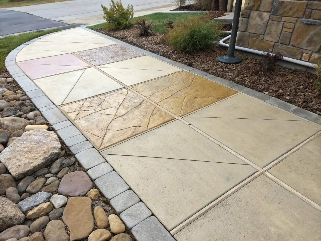 Comparison of stamped concrete finish options and colour tones